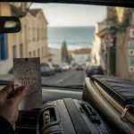 Aller à Biarritz en voiture : entrée de Biarritz depuis le pare-brise, valise et ticket