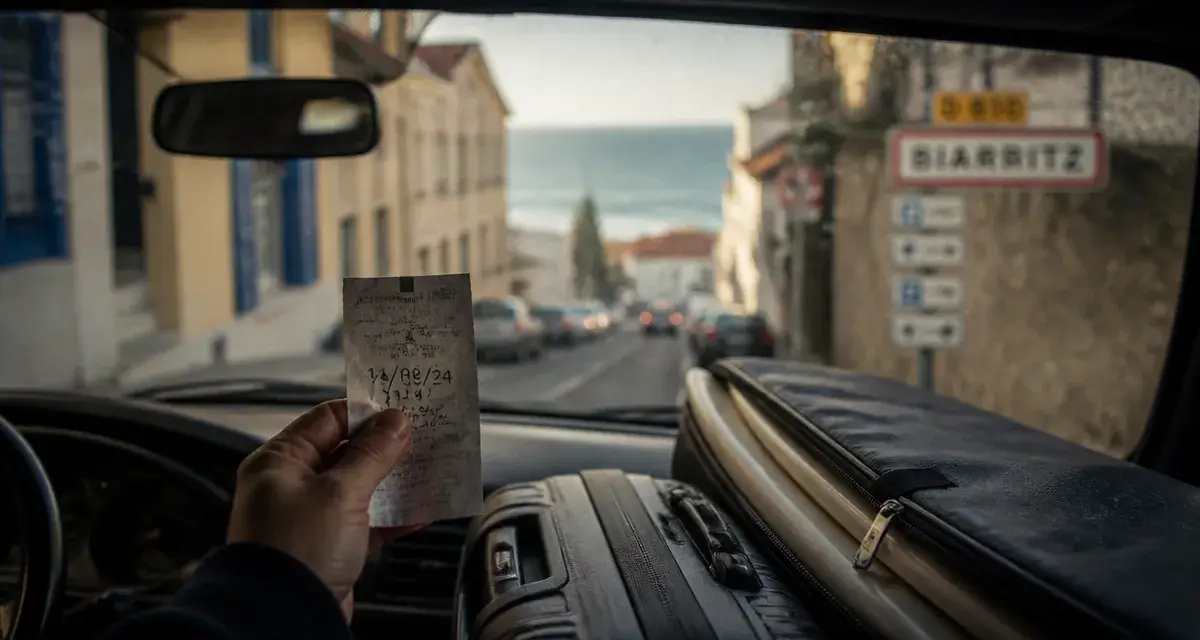 Aller à Biarritz en voiture : entrée de Biarritz depuis le pare-brise, valise et ticket