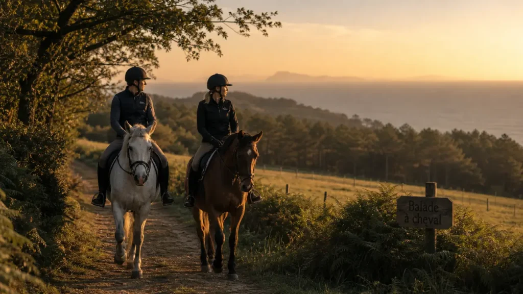 Balade a cheval biarritz : cavaliers sur chemin près de l’océan