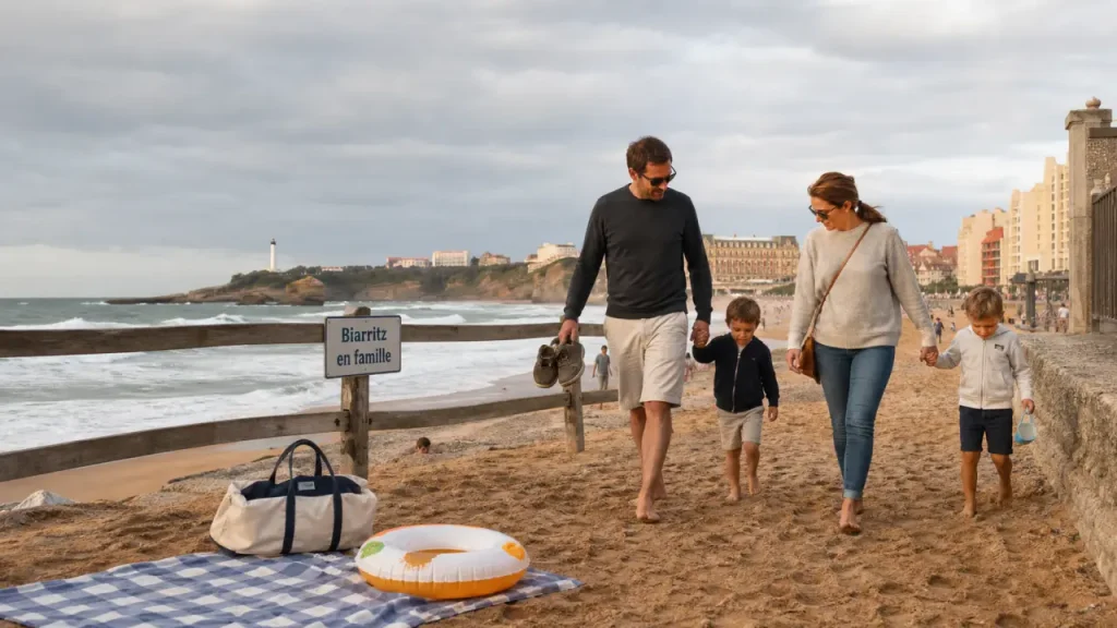 Biarritz en famille : famille sur la plage près de la Grande Plage