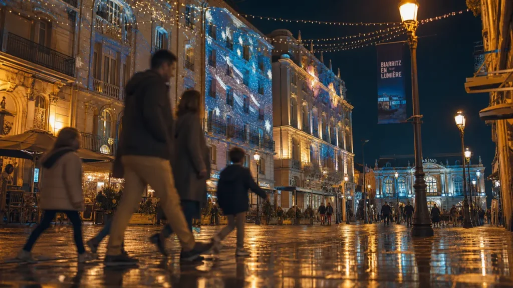 Biarritz illumination : rue piétonne de nuit, façades projetées et Casino