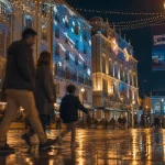 Biarritz illumination : rue piétonne de nuit, façades projetées et Casino