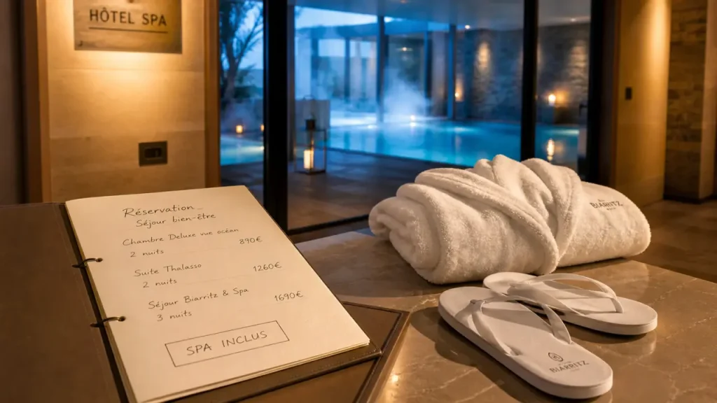 Biarritz spa hotel : hall spa avec peignoir, tongs et piscine intérieure chauffée