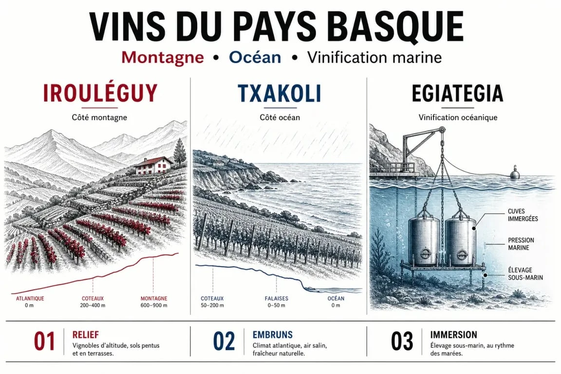 Vin pays basque : comparaison visuelle entre Irouléguy, Txakoli et Egiategia