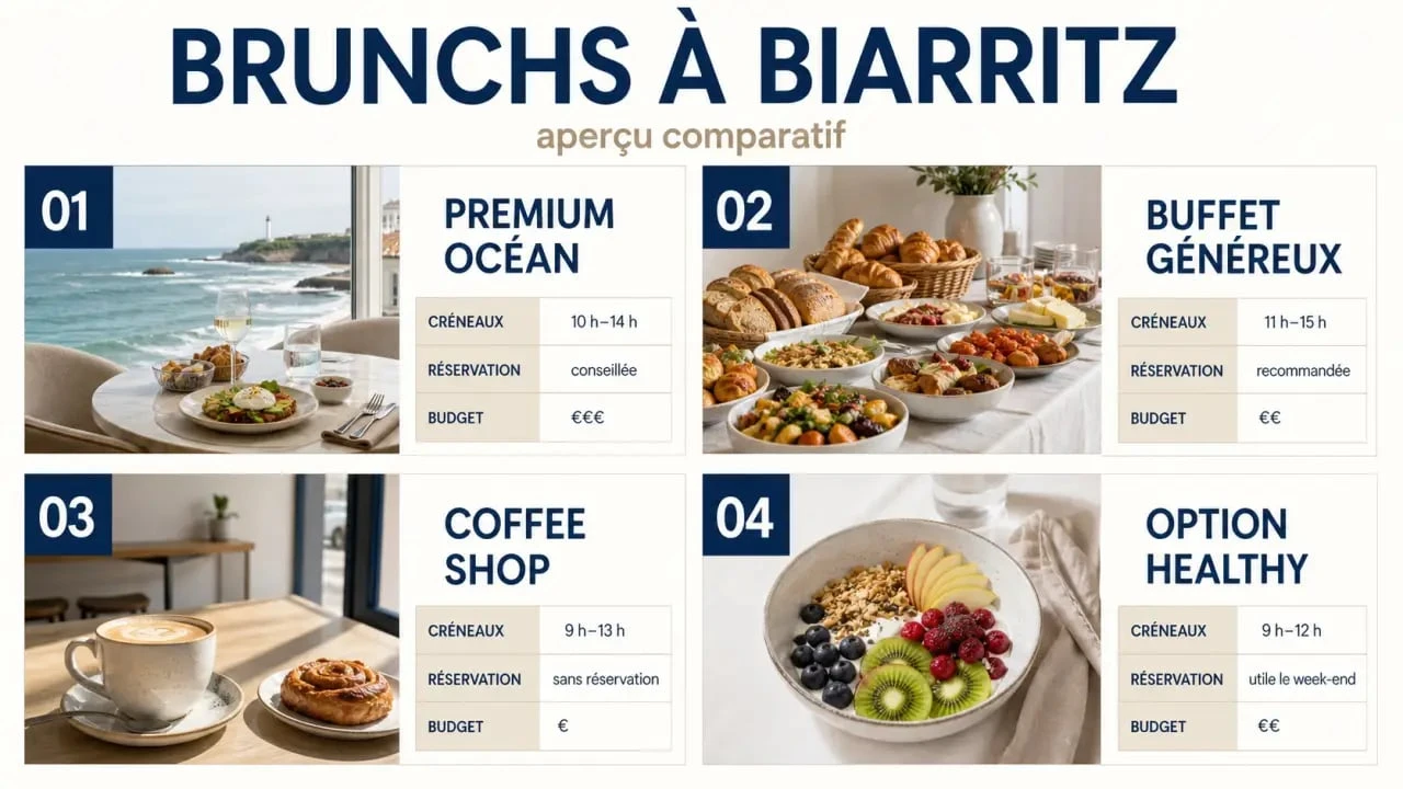 Comparatif brunch à Biarritz : vue mer, buffet généreux, coffee shop et option healthy