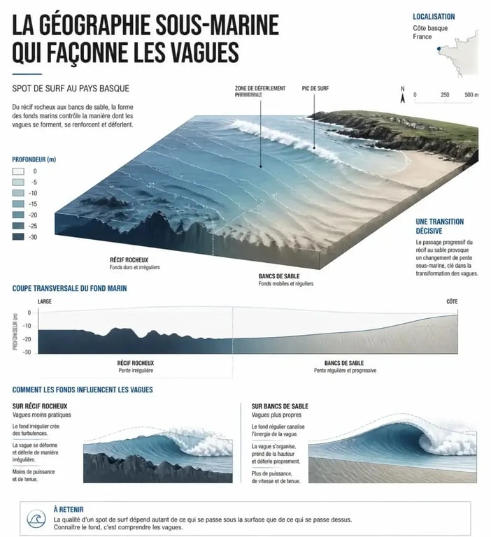 Schéma explicatif de la bathymétrie et de la formation des vagues au Pays Basque