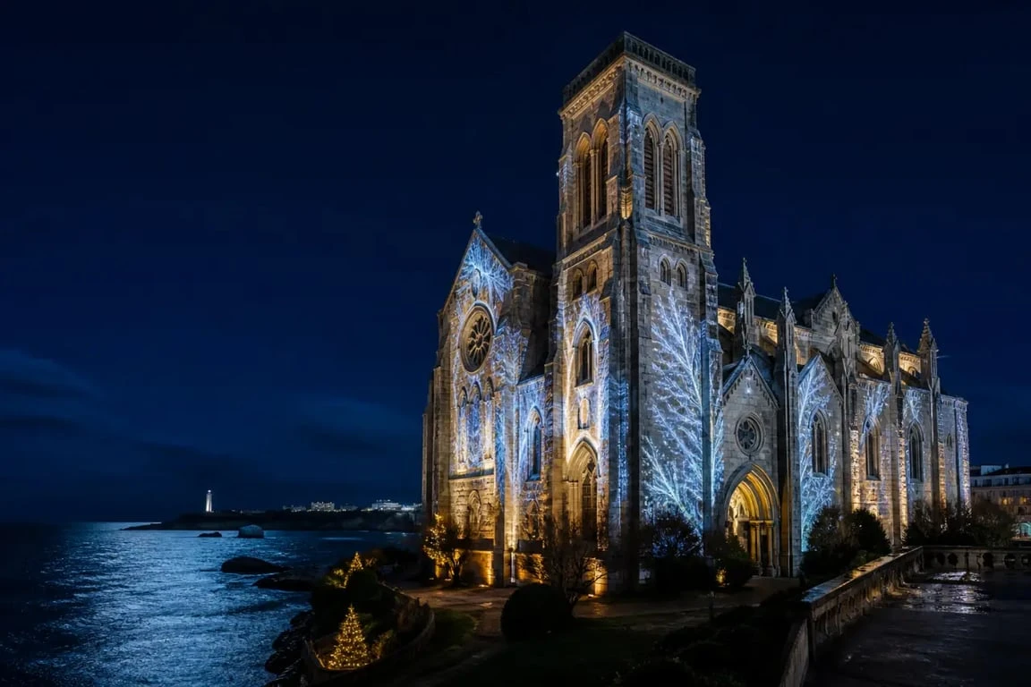 Biarritz illumination sur l’église Sainte-Eugénie avec projections lumineuses