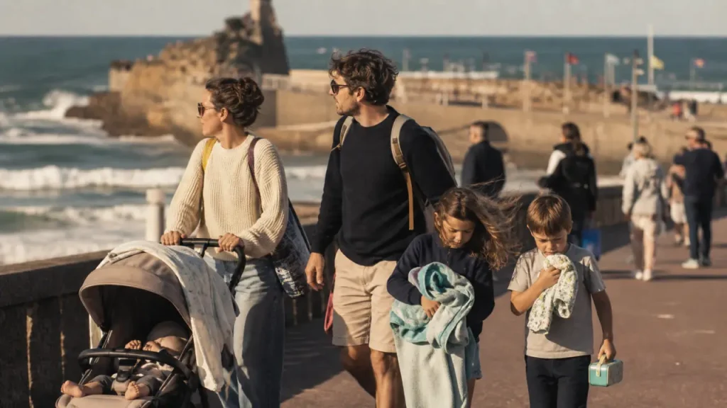 Famille biarrotte biarritz en promenade à la Grande Plage