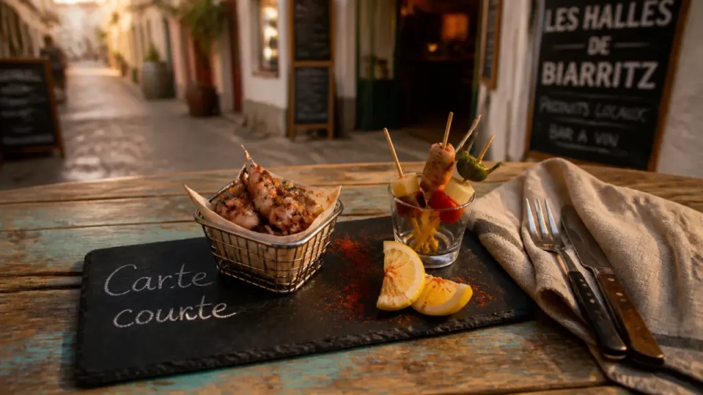 Halles de Biarritz restaurants : carte courte et chipirons au comptoir