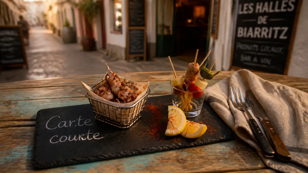 Halles de Biarritz restaurants : carte courte et chipirons au comptoir