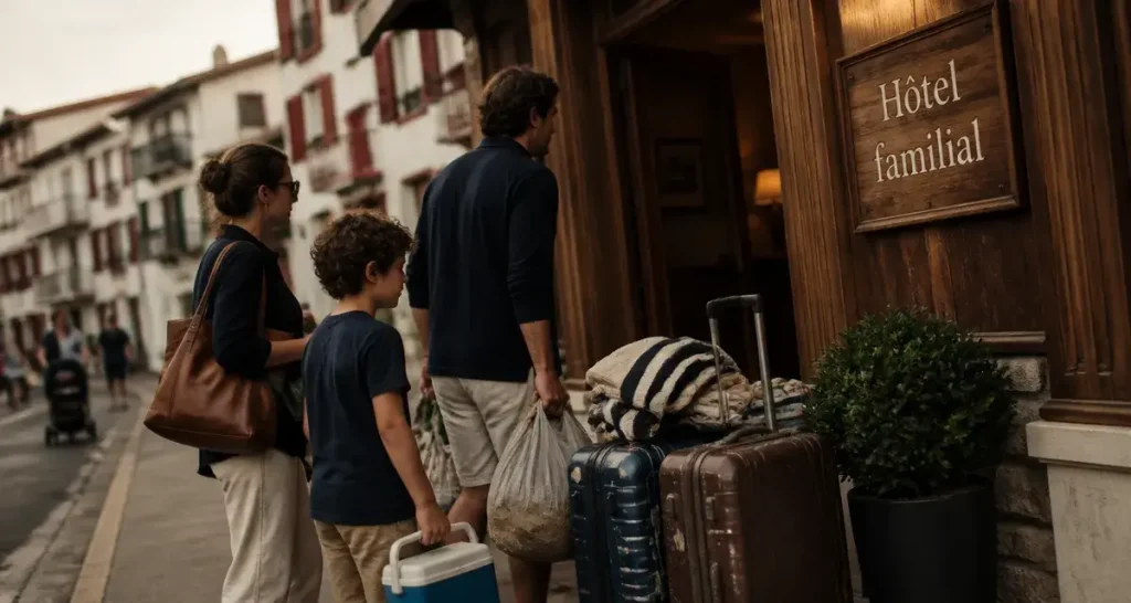 hotel famille biarritz : famille devant l’hôtel, plage à pied