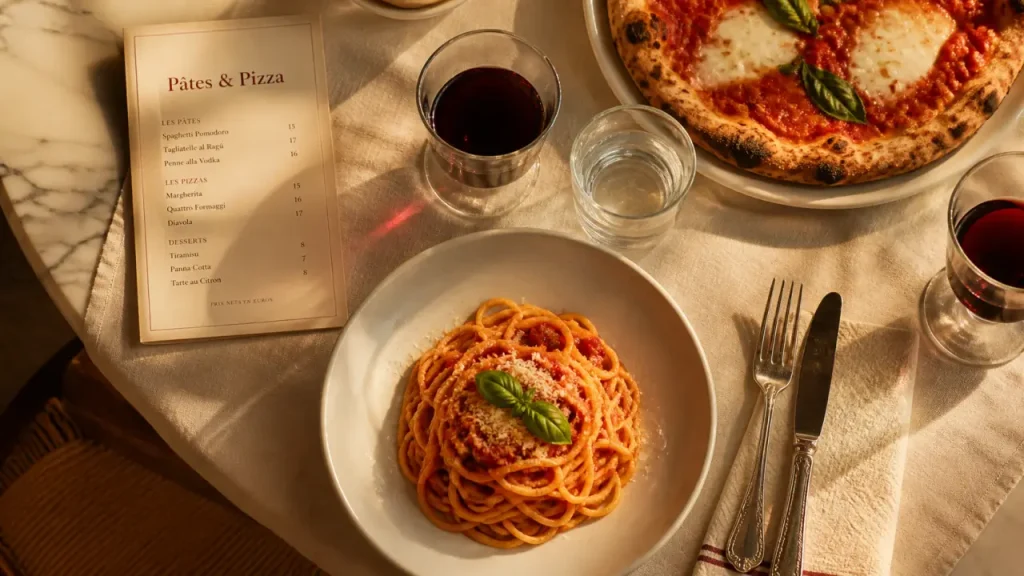 Italian restaurants biarritz : assiette de pâtes et pizza, dîner en famille