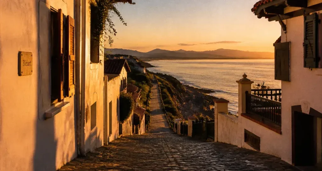 Bidart, un des plus beaux villages autour de Biarritz, ruelle au coucher du soleil près de l’Atlantique