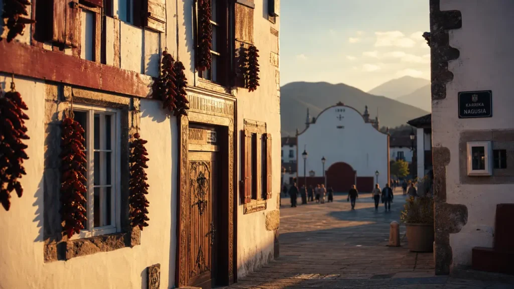 Espelette, un des plus beaux villages autour de Biarritz, ruelle au golden hour