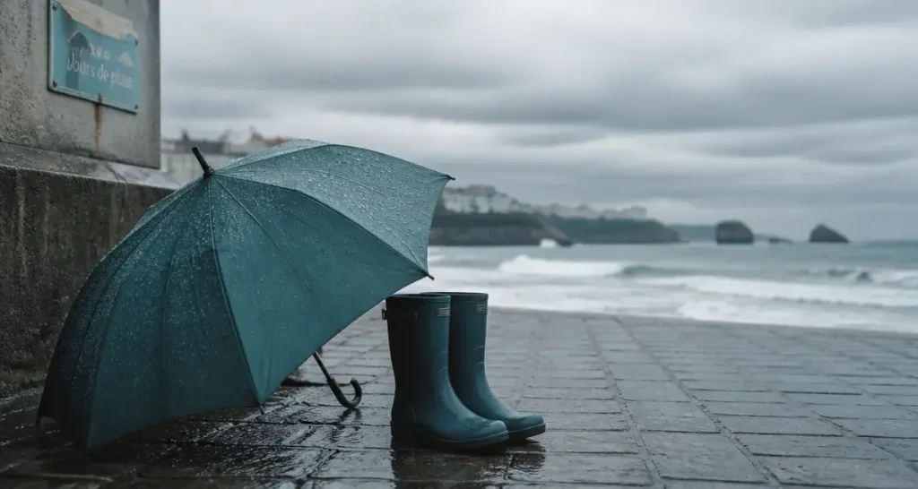 Nombre de jours de pluie biarritz : parapluie sur pavé mouillé