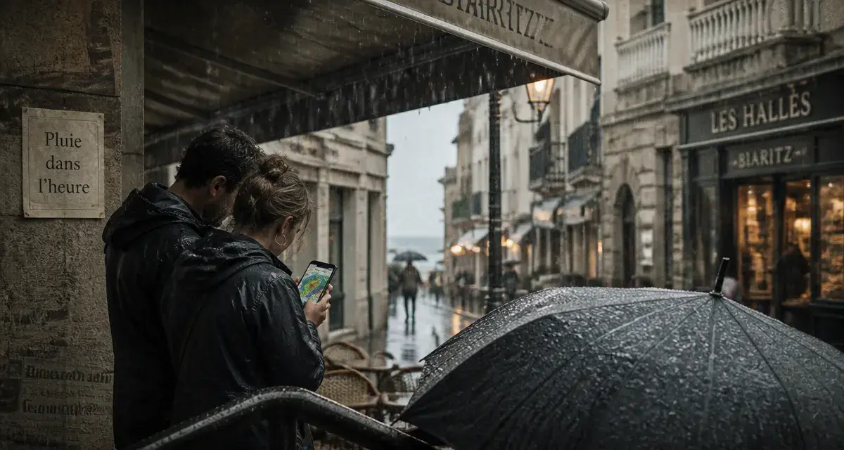 Pluie biarritz : couple sous imperméables, smartphone météo, rue mouillée près des Halles