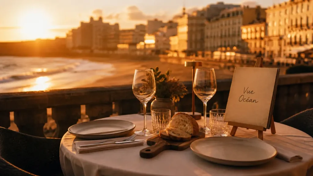 Restaurants hotel du palais biarritz : table vue mer au coucher du soleil