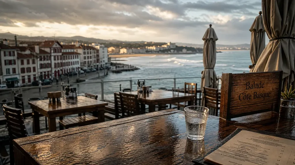 Sortir Anglet Bayonne Biarritz : terrasse café bord de mer, pluie et ciel gris