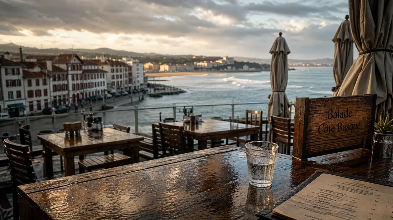 Sortir Anglet Bayonne Biarritz : terrasse café bord de mer, pluie et ciel gris