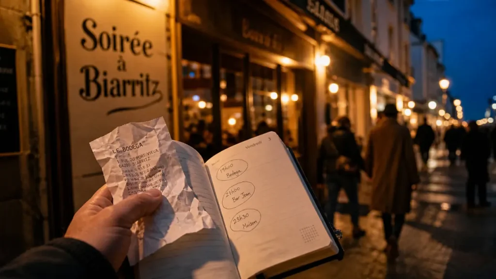 Sortir le soir biarritz : main avec billets et horaires devant un bar