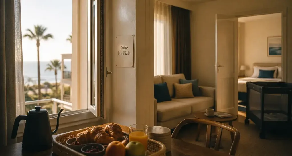 Suite famille Biarritz : espace salon et petit-déjeuner près de la fenêtre