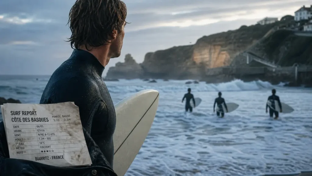 Surf Biarritz à la Côte des Basques, surfeur près de l’écume