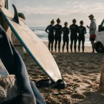 surf camp biarritz, planche et combinaison près du sable, débutants guidés