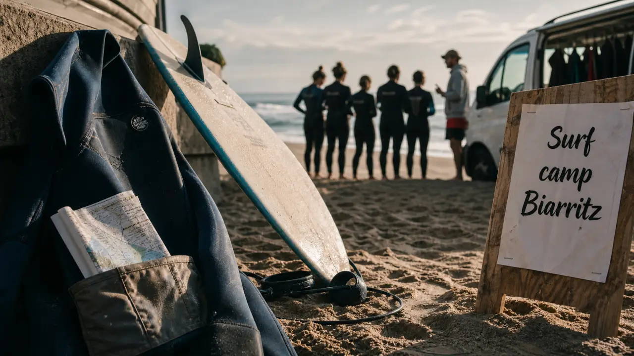 surf camp biarritz, planche et combinaison près du sable, débutants guidés