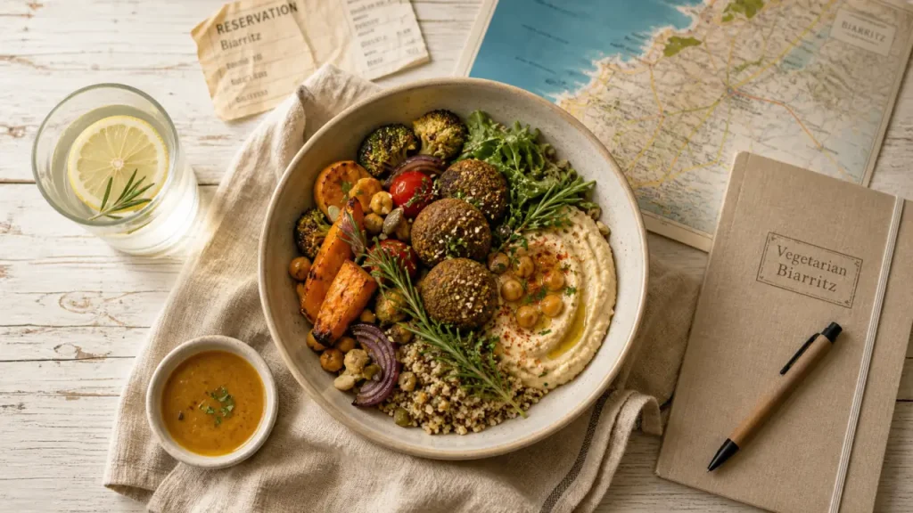 Vegetarian restaurants biarritz : bowl veggie et sauce curry sur table, vue océan