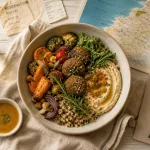 Vegetarian restaurants biarritz : bowl veggie et sauce curry sur table, vue océan