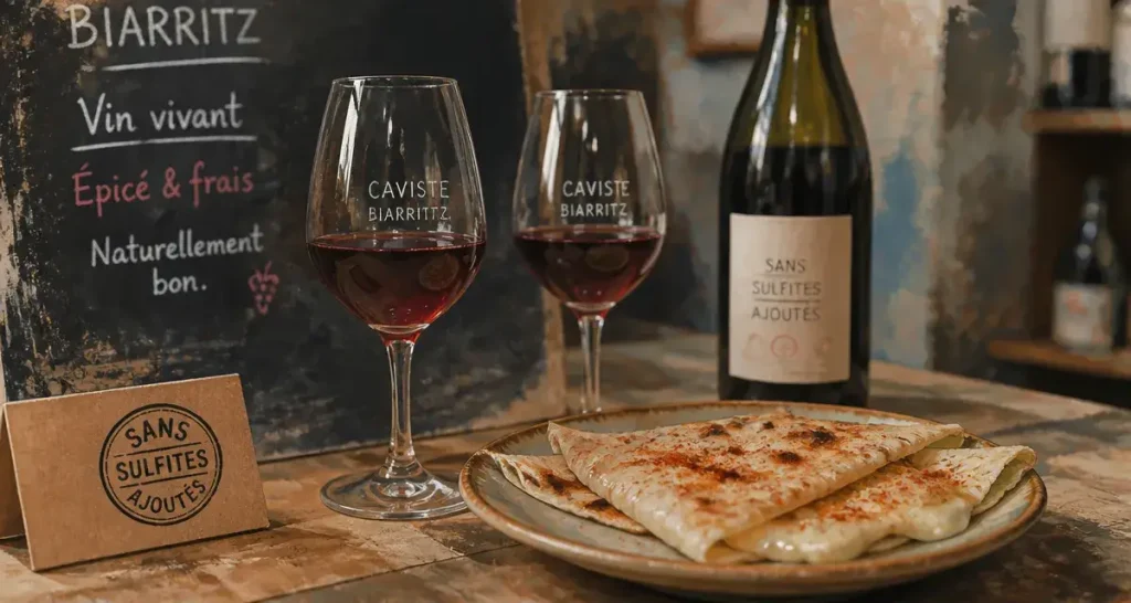 Vin nature biarritz : deux verres et taloa au fromage de brebis