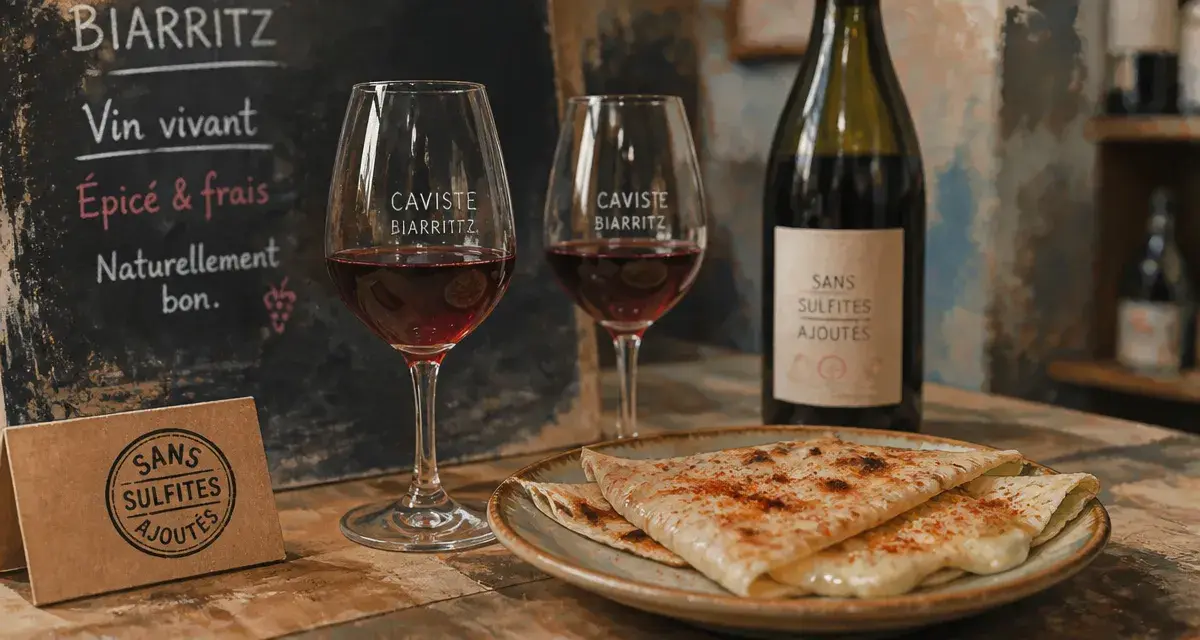 Vin nature biarritz : deux verres et taloa au fromage de brebis