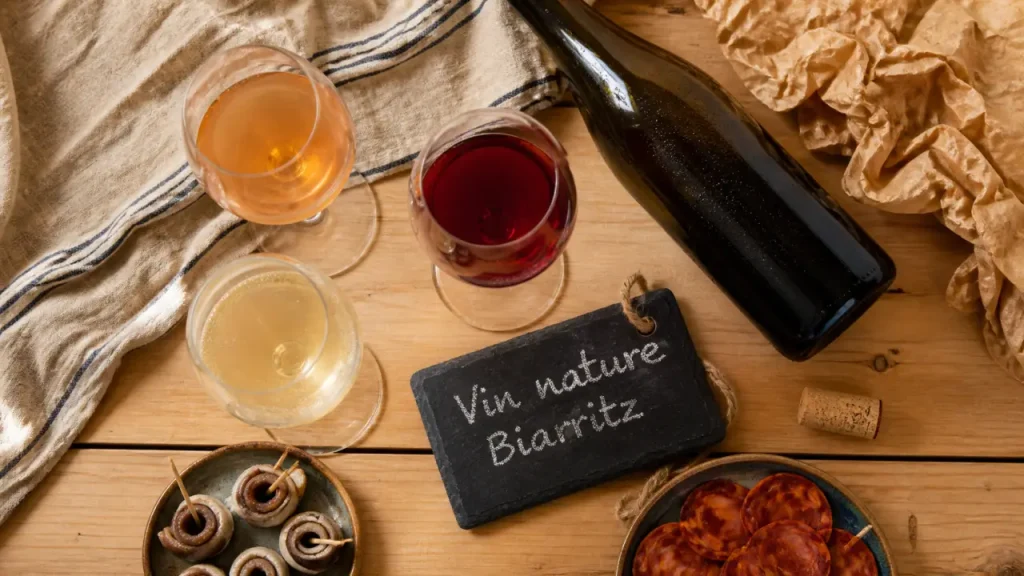 vin nature biarritz : verres et tapas basques sur table