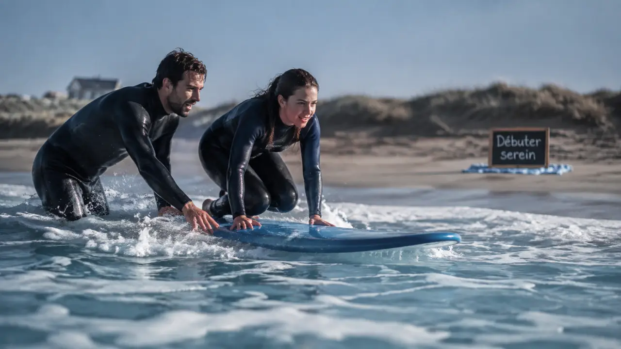 Apprendre le surf : moniteur et débutant sur petite houle 30 à 50 cm