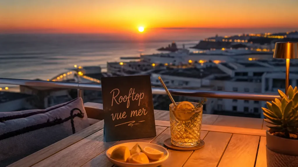 Bar a biarritz rooftop vue mer : cocktail ambré au coucher du soleil