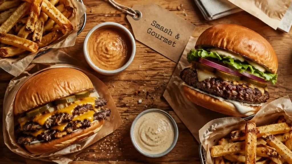Burger biarritz smash et gourmet sur table, frites et sauces maison