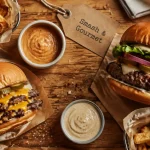 Burger biarritz smash et gourmet sur table, frites et sauces maison