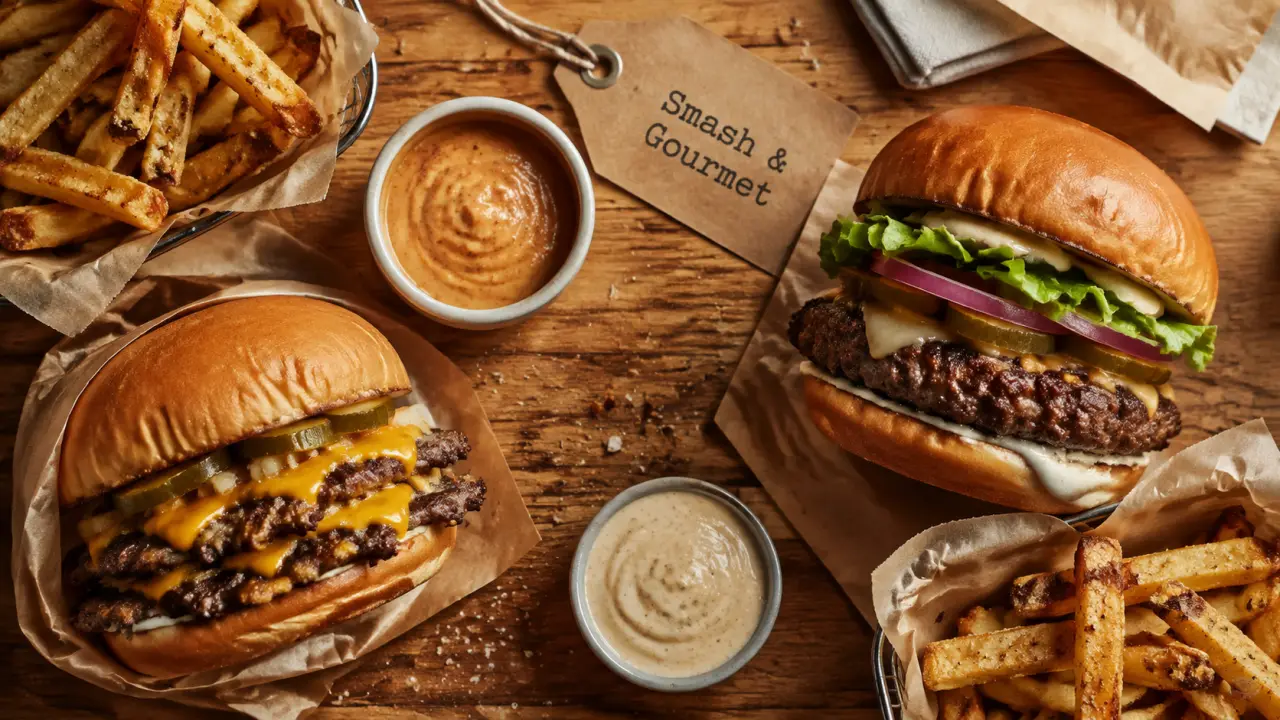 Burger biarritz smash et gourmet sur table, frites et sauces maison