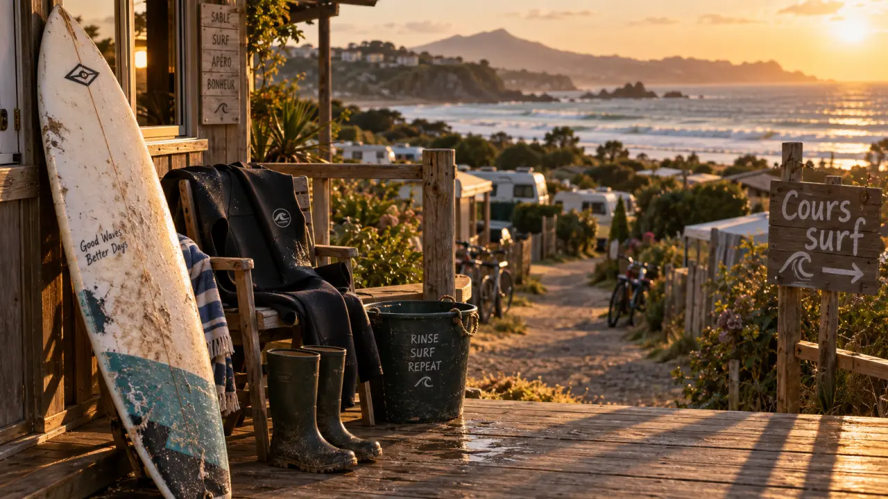 Camping surf pays basque : terrasse, planche et cours