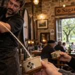 Cidrerie pays basque : sagardoa versé depuis un tonneau