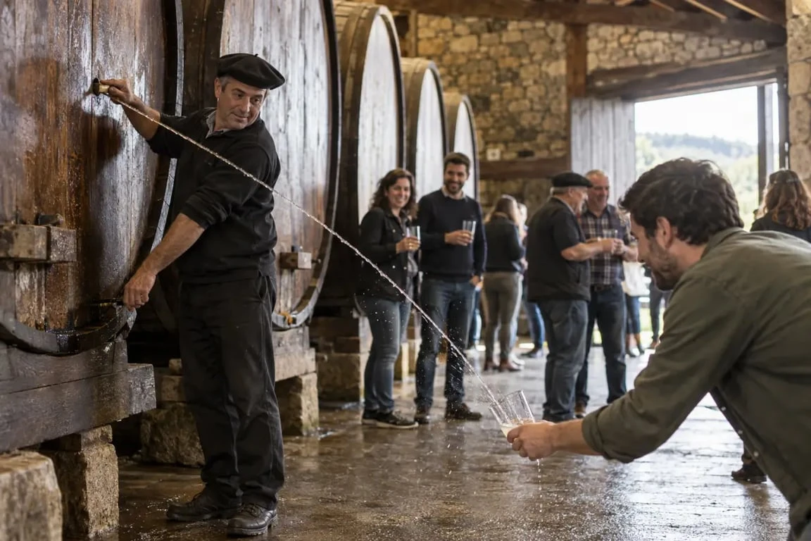 Service du sagardoa au tonneau dans une cidrerie Pays Basque