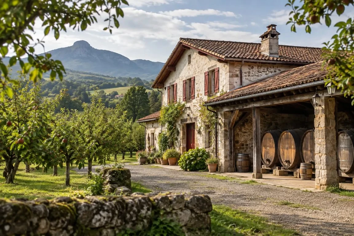 Cidrerie Pays Basque traditionnelle entourée de pommiers