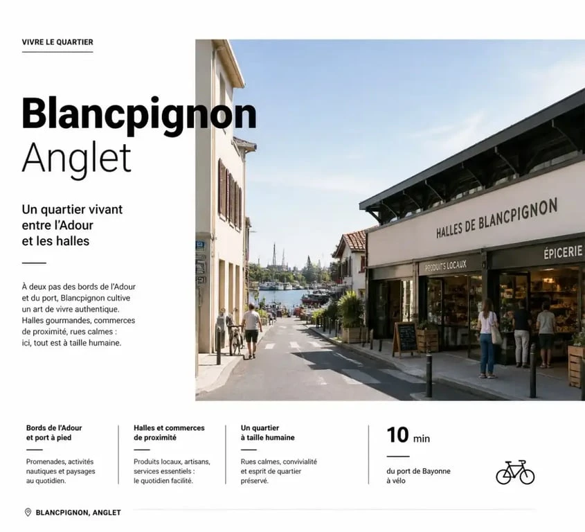 Blancpignon Anglet : vue du quartier et des Halles de Blancpignon au bord de l’Adour