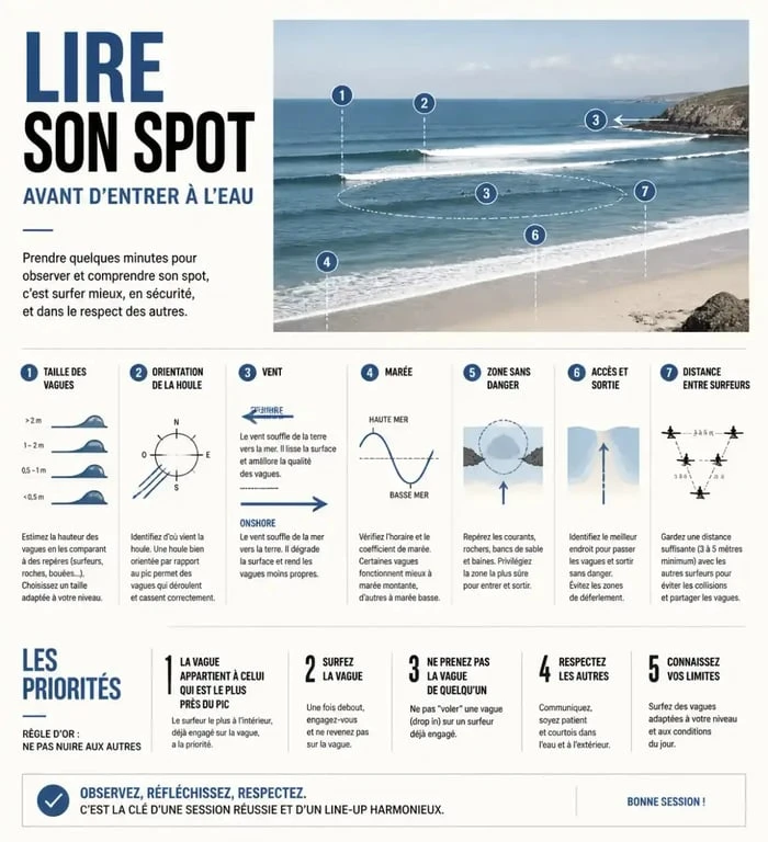 Apprendre le surf : lire les conditions et respecter les règles de sécurité avant la session