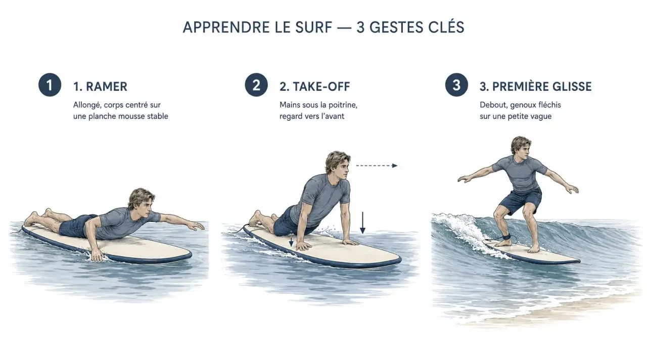 Apprendre le surf : séquence du take-off et première glisse sur une planche mousse