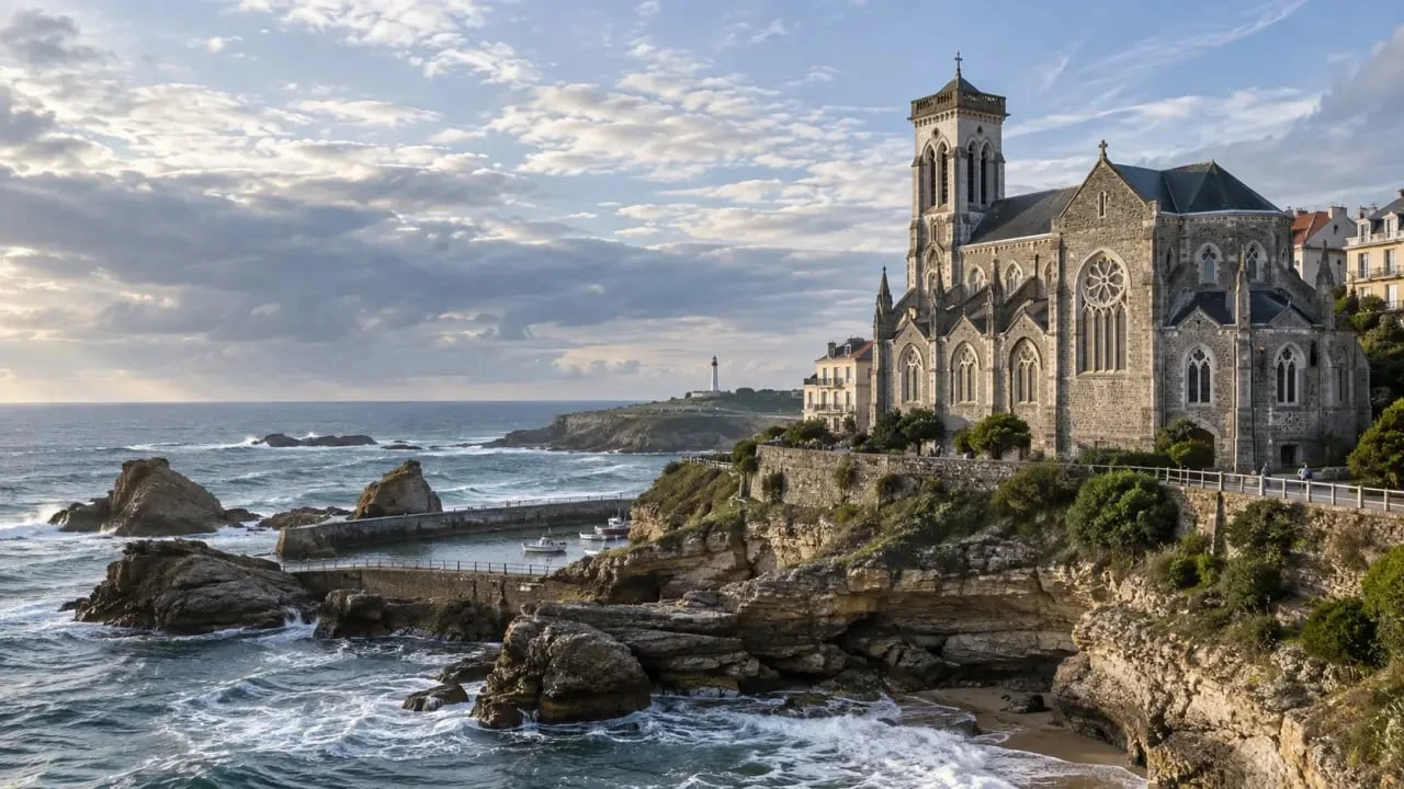 Église Sainte-Eugénie de Biarritz dominant le Port Vieux face à la mer
