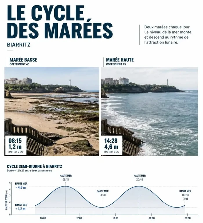 Horaires des marées Biarritz : plage à marée basse et marée haute comparées