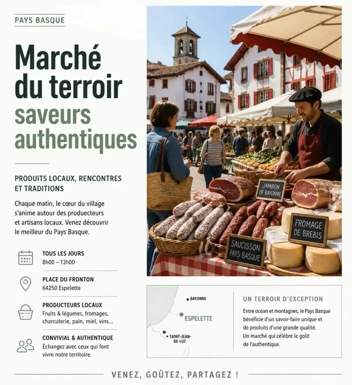 Ambiance du marché de Bidart sur la place Sauveur Atchoarena avec des produits locaux