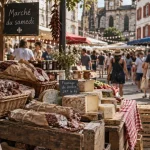 Marché bidart : étal basque sur la place, mains tenant un cabas