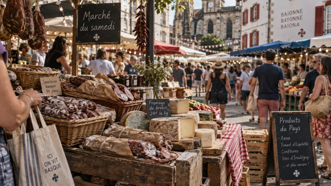 Marché bidart : étal basque sur la place, mains tenant un cabas